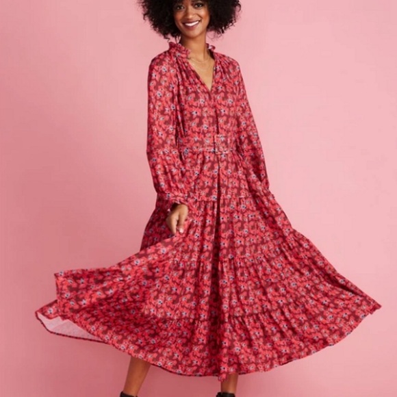 Crosby by Mollie Burch Red Floral Ruffle Mimi Dress In Floral Verbena Size XS - Picture 14 of 14